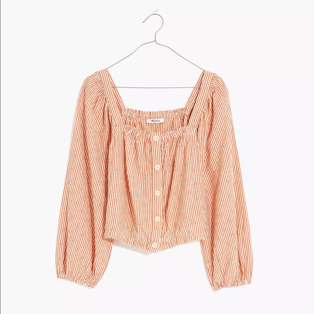 Madewell Puff-Sleeve Button-Front Crop Top in Embroidered Stripe